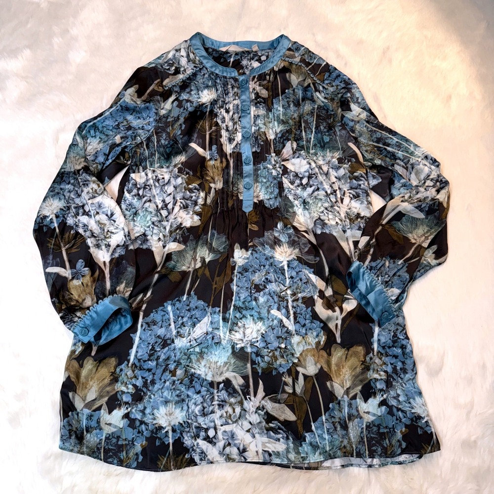 Soft Surroundings Silk Floral Tunic Women S Blue Hydrangea Pintuck Blouse